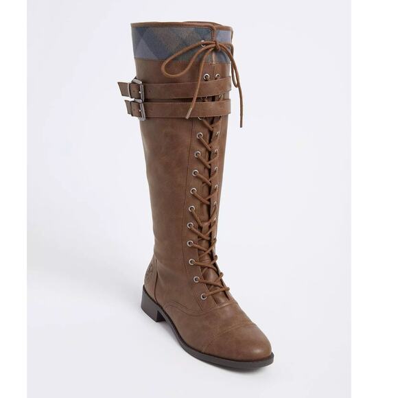 Torrid 9.5WW Wide Width Outlander Tartan Thistle Logo Knee High Lace Up Boots - Picture 1 of 4